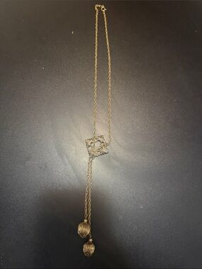 Vintage Gold-Tone Lariat Necklace with Filigree Slider and Tassel Orbs